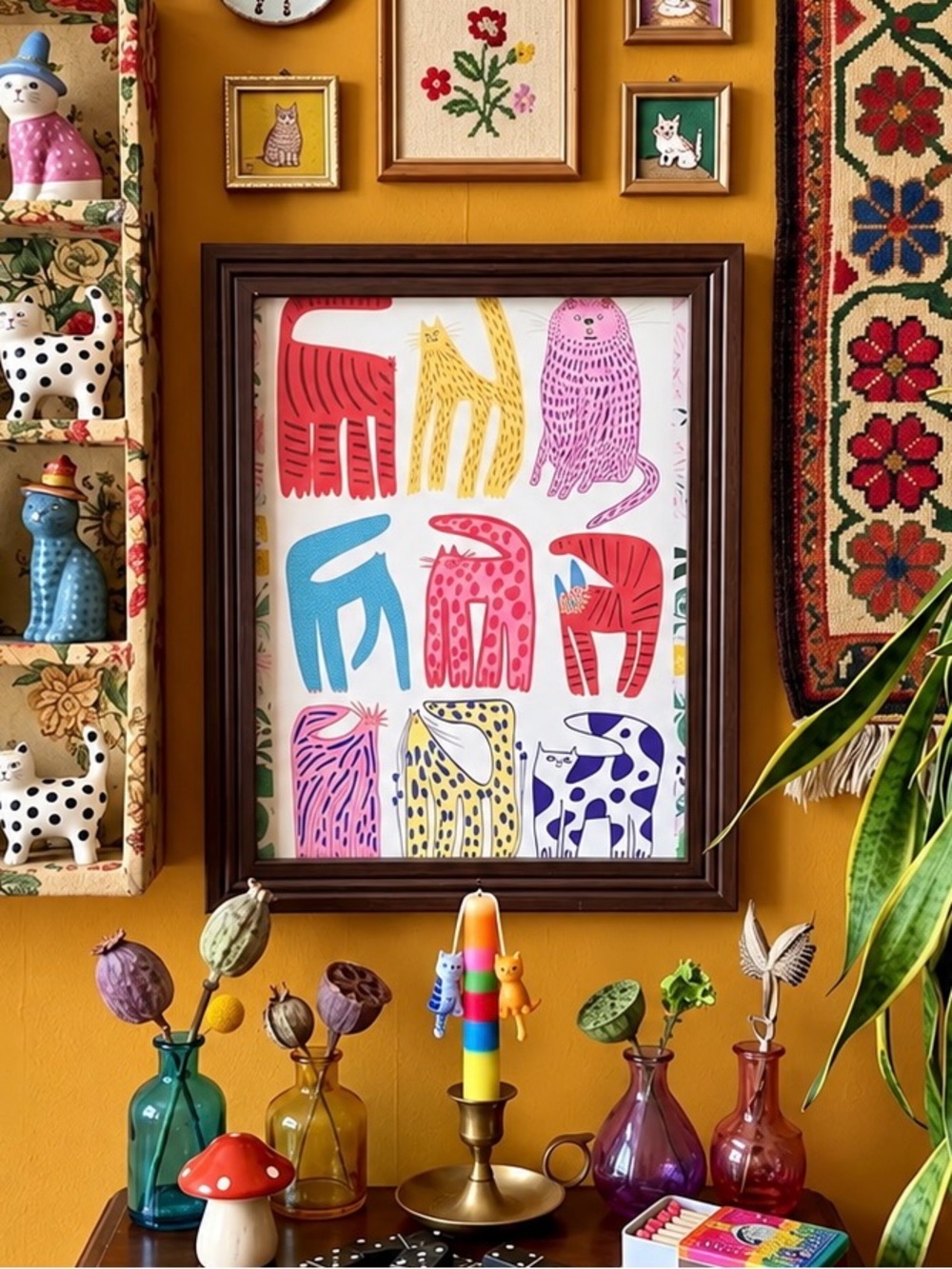 Colorful Whimsical Cat Art Floral Paper Border Framed Folk Art Maximalist Decor